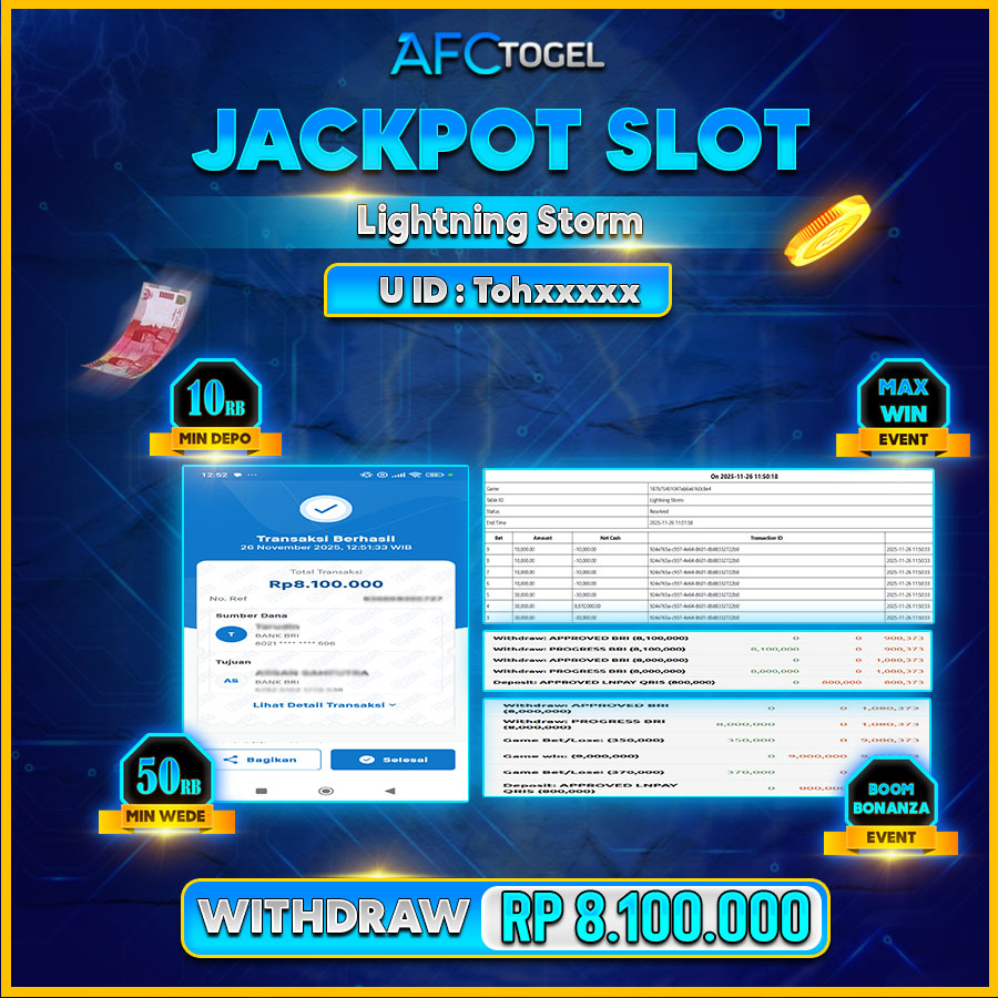 AFCTOGEL JACKPOT LIVE CASINO LIGHTNING STROM Rp.8.100.000.,- LUNAS